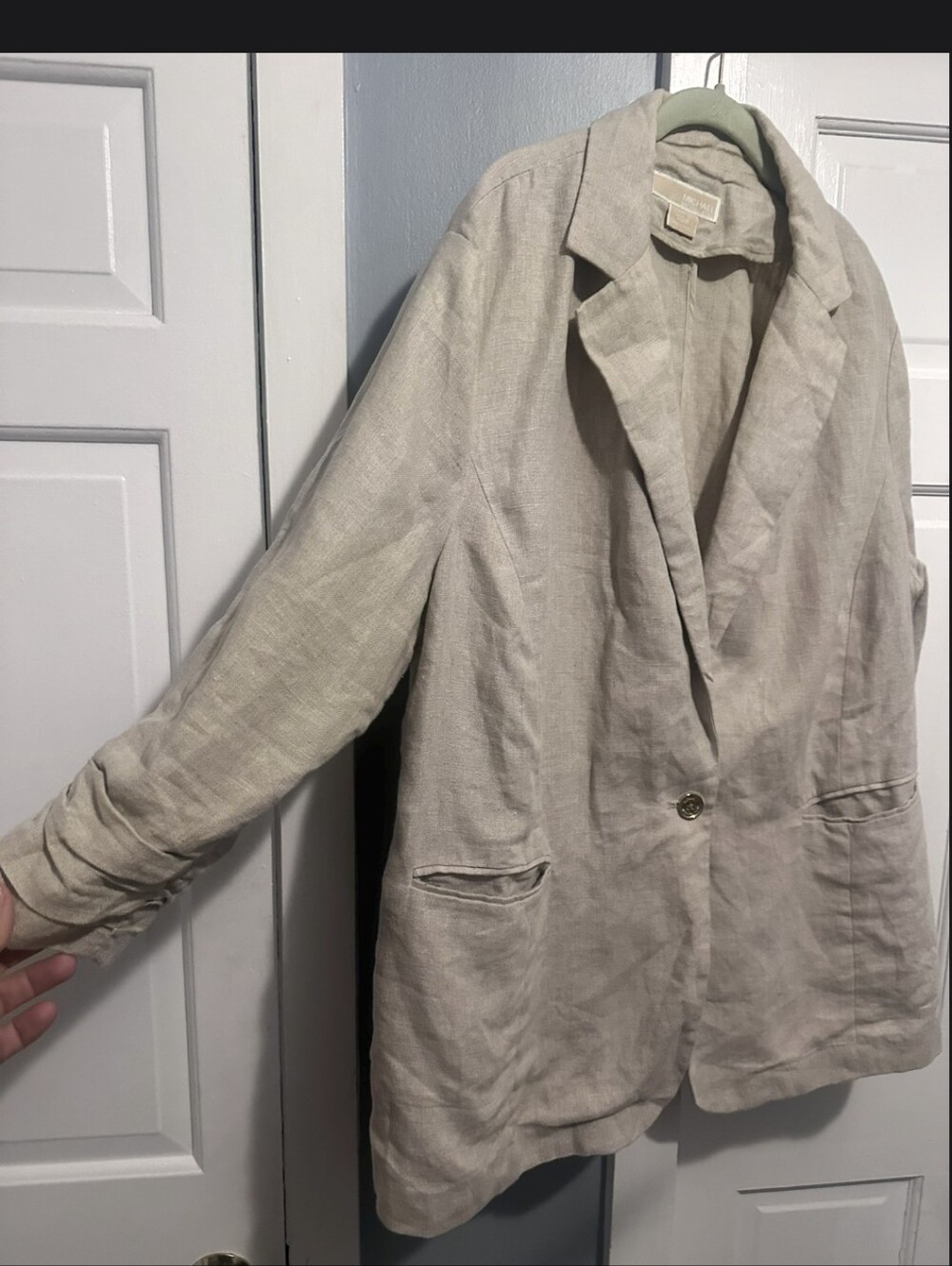 Michael Kors Beige Linen-Blend Blazer with Rouched Sleeves - 20W